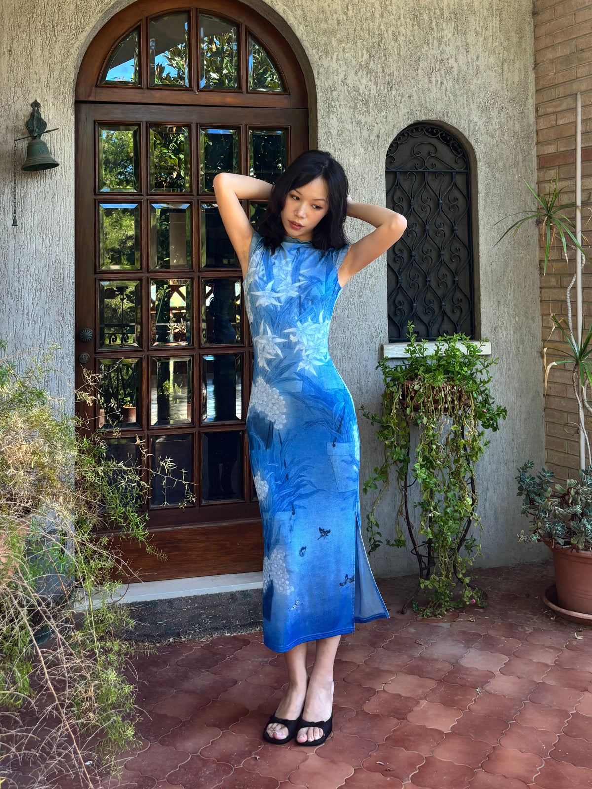 Quiet Orchid by Wet Tail - qipao dress with gongbi orchid print on night blue, view 5
